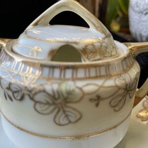 Nippon Mustard Pot Condiment Saucer with Lid Floral Gold Antique Hand Painted